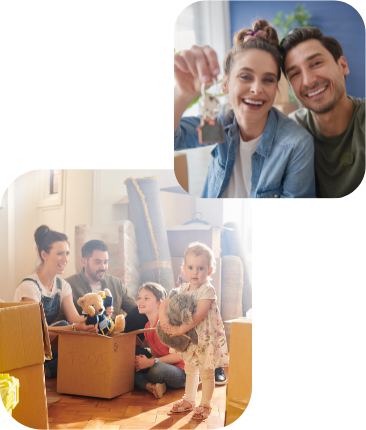 two connected images of two different families both smiling and happy to have just moved in to their new homes