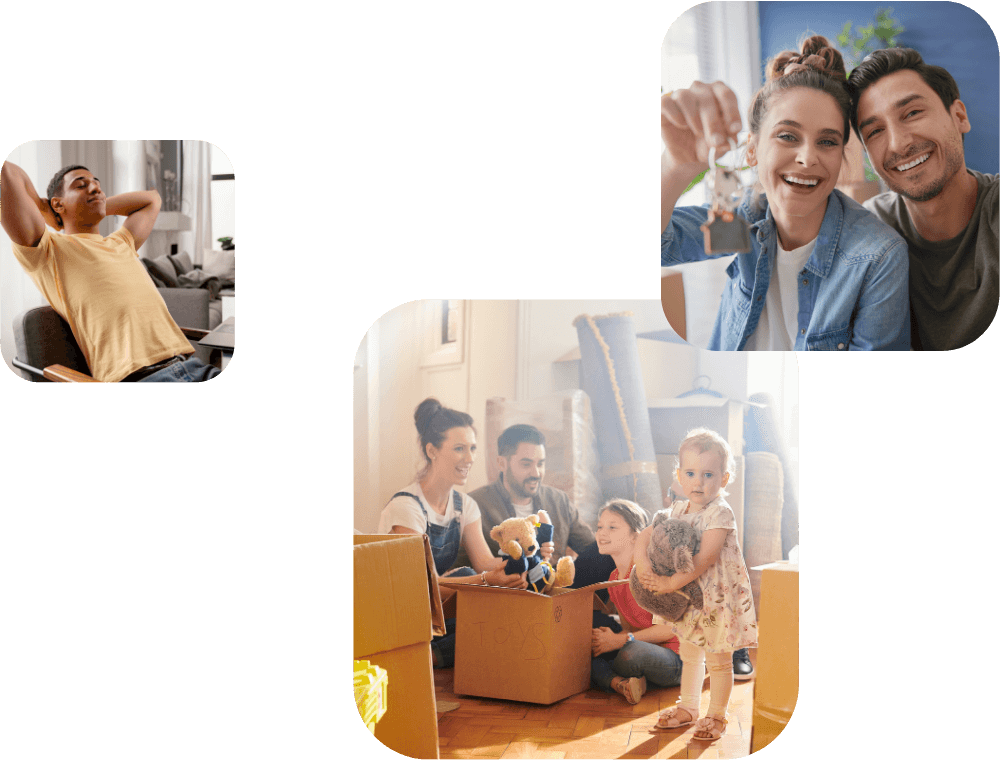 3 square photos of smiling happy families and couples moving into their rental homes