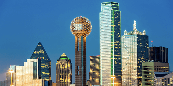 Dallas/Fort Worth, TX city skyline at dusk