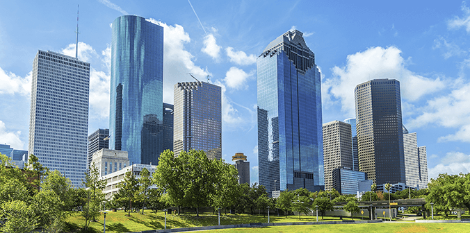 Houston, TX park with city skyline in background